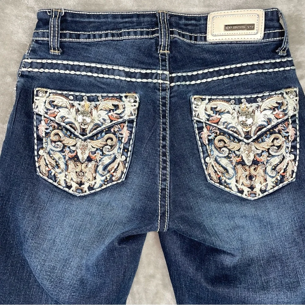 Sexy Couture Boot Cut Jeans Embroidered Back Pockets Dark Wash Size 3 Juniors